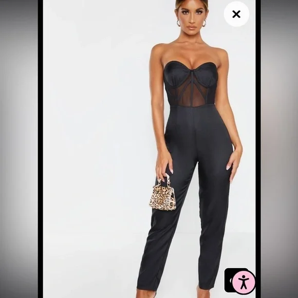 BLACK Bandeau Mesh Insert Cup Detail Jumpsuit